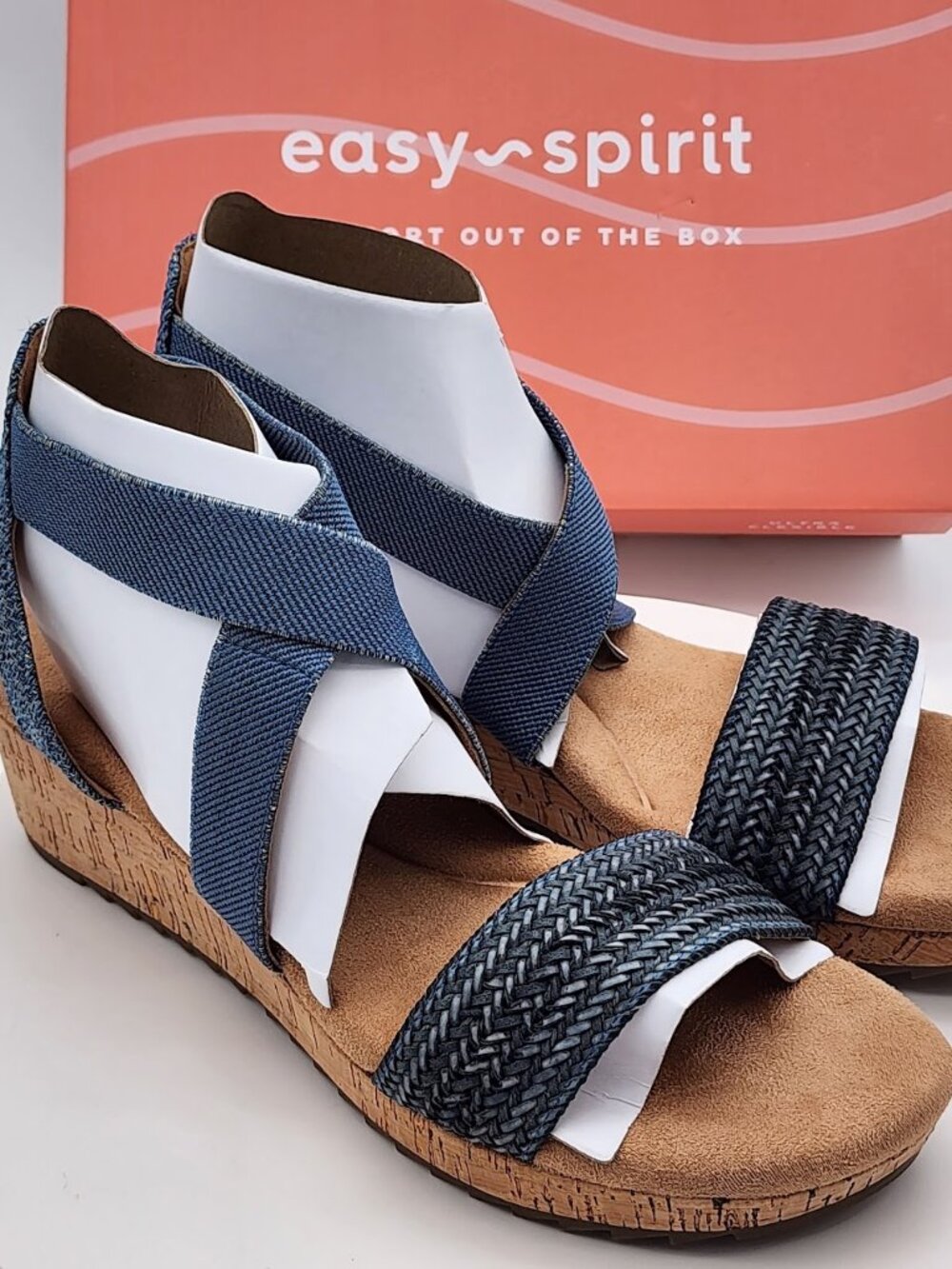 Easy Spirit Lorena 2 Medium Blue Woven Cork Wedge Sandals Women’s Size 9